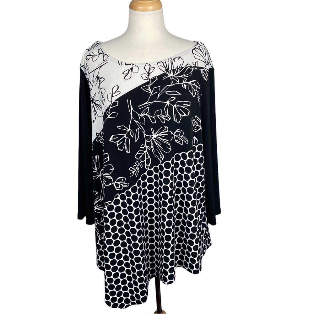 RAFAELLA Asymmetrical Black and White Mixed Print 3/4 Sleeves Top Blouse Size 2X